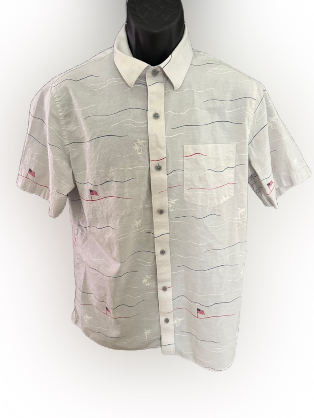 Travis Mathew Men’s Light Gray Short Sleeve Button Up American Flag Palm Trees M